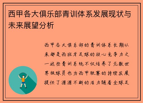 西甲各大俱乐部青训体系发展现状与未来展望分析