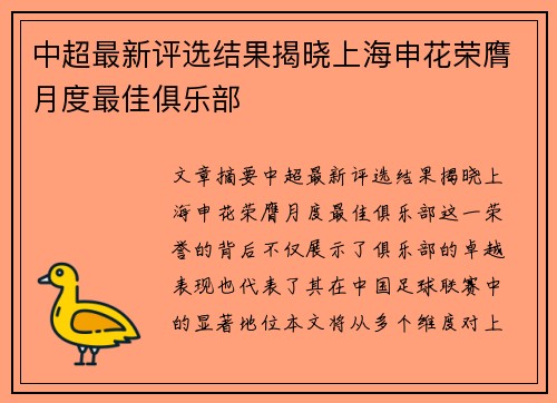 中超最新评选结果揭晓上海申花荣膺月度最佳俱乐部