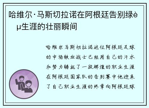 哈维尔·马斯切拉诺在阿根廷告别绿茵生涯的壮丽瞬间