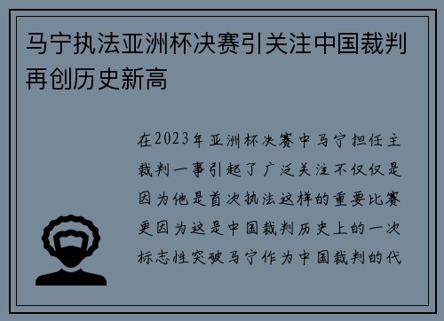 马宁执法亚洲杯决赛引关注中国裁判再创历史新高